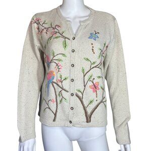 Crazy Horse Sweater Womens L Beige Embroidered Cardigan Floral Beaded Button
